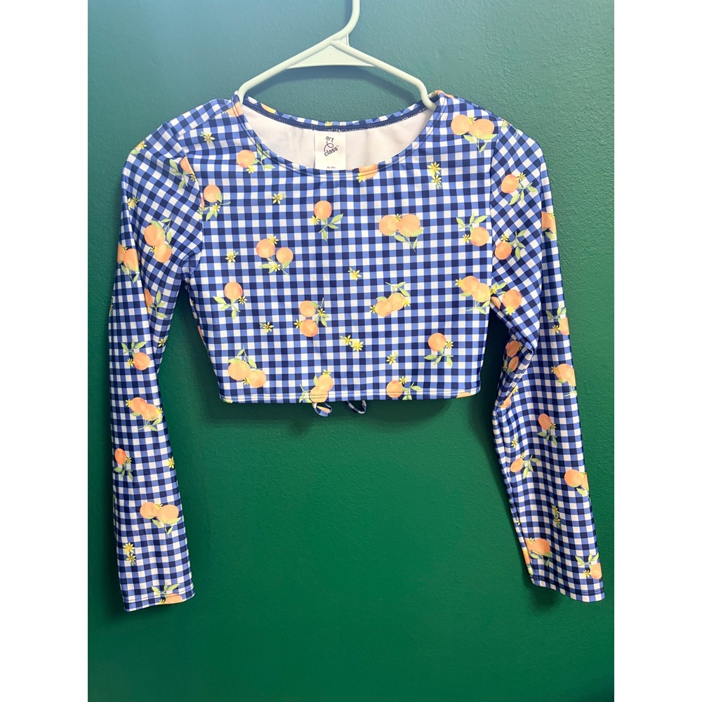 Art Class Blue Gingham Preppy Citrus Floral Rash Guard Swim Top XL 14 NEW NWOT